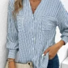 Striped Pocket Blue Shirt Collar Long Sleeve Blouse