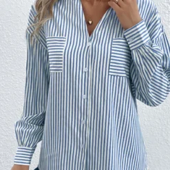 Striped Pocket Blue Shirt Collar Long Sleeve Blouse 8 Striped Pocket Blue Shirt Collar Long Sleeve Blouse -Rosewe Online Store 337999 P 16897661319160
