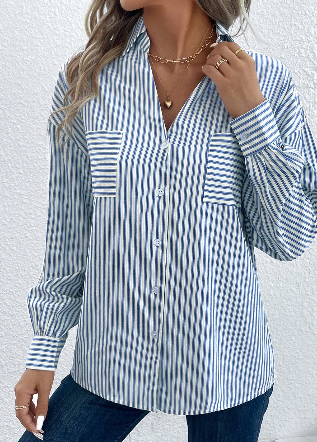 Striped Pocket Blue Shirt Collar Long Sleeve Blouse 3 Striped Pocket Blue Shirt Collar Long Sleeve Blouse - Image 3