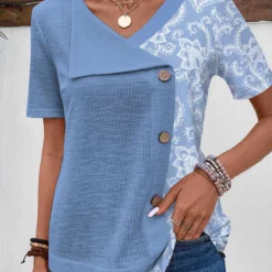 Tribal Print Patchwork Dusty Blue T Shirt