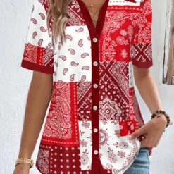 Plus Size Red Patchwork Short Sleeve Blouse