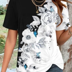 Floral Print Twist Black Round Neck T Shirt