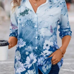 Floral Print Button Blue Shirt Collar Blouse