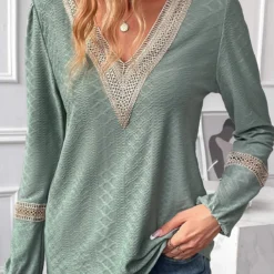 Sage Green V Neck Long Sleeve Jacquard Blouse