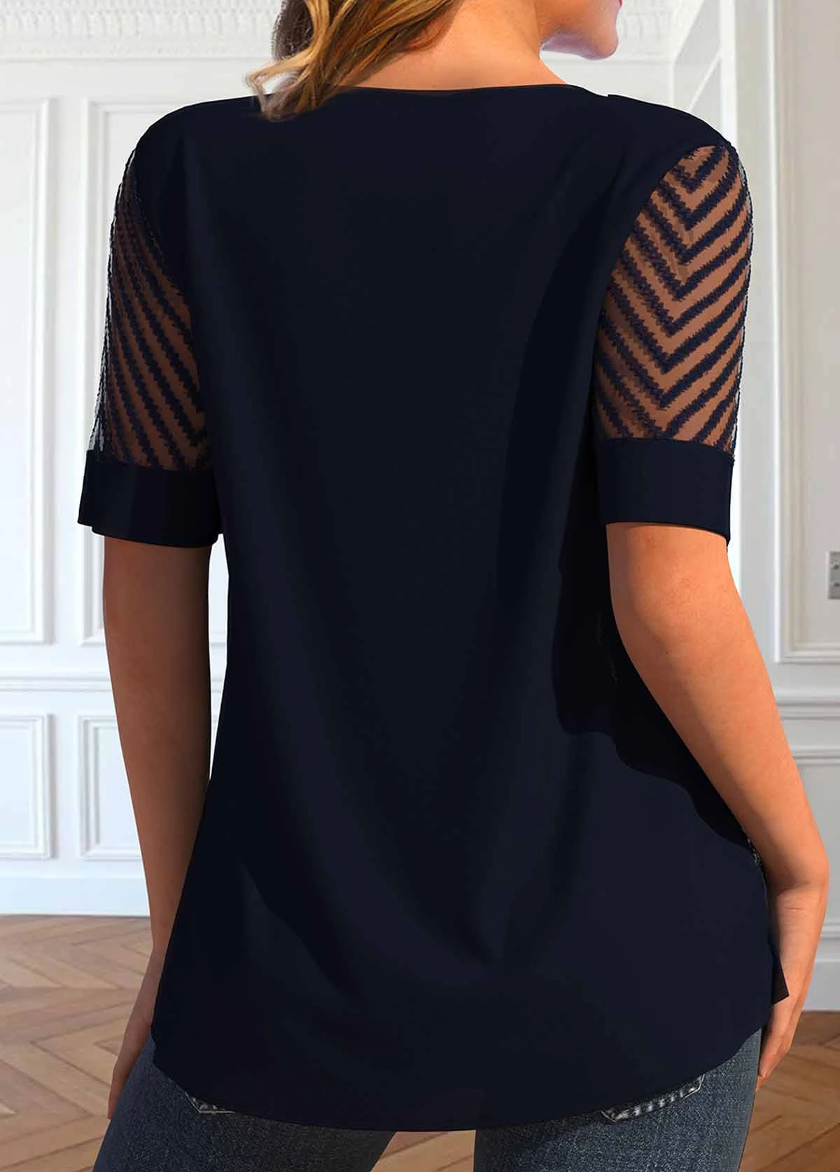 Fake 2in1 Round Neck Short Sleeve Navy Blouse 2 Fake 2in1 Round Neck Short Sleeve Navy Blouse - Image 2