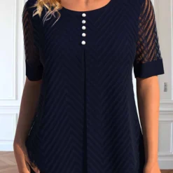 Fake 2in1 Round Neck Short Sleeve Navy Blouse