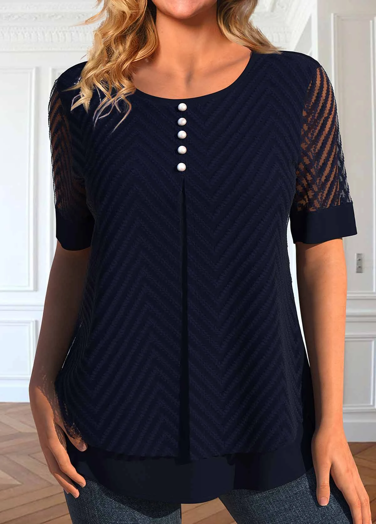 Fake 2in1 Round Neck Short Sleeve Navy Blouse 1 Fake 2in1 Round Neck Short Sleeve Navy Blouse