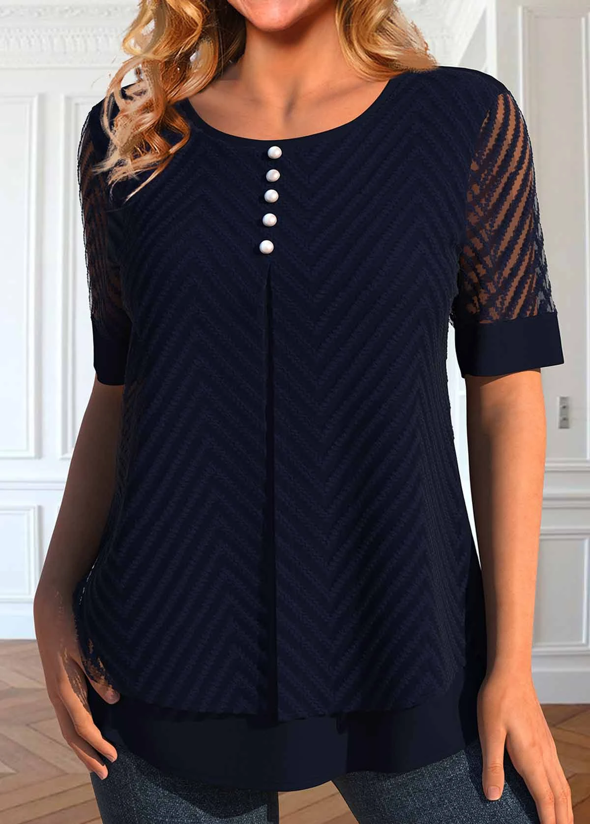 Fake 2in1 Round Neck Short Sleeve Navy Blouse 3 Fake 2in1 Round Neck Short Sleeve Navy Blouse - Image 3