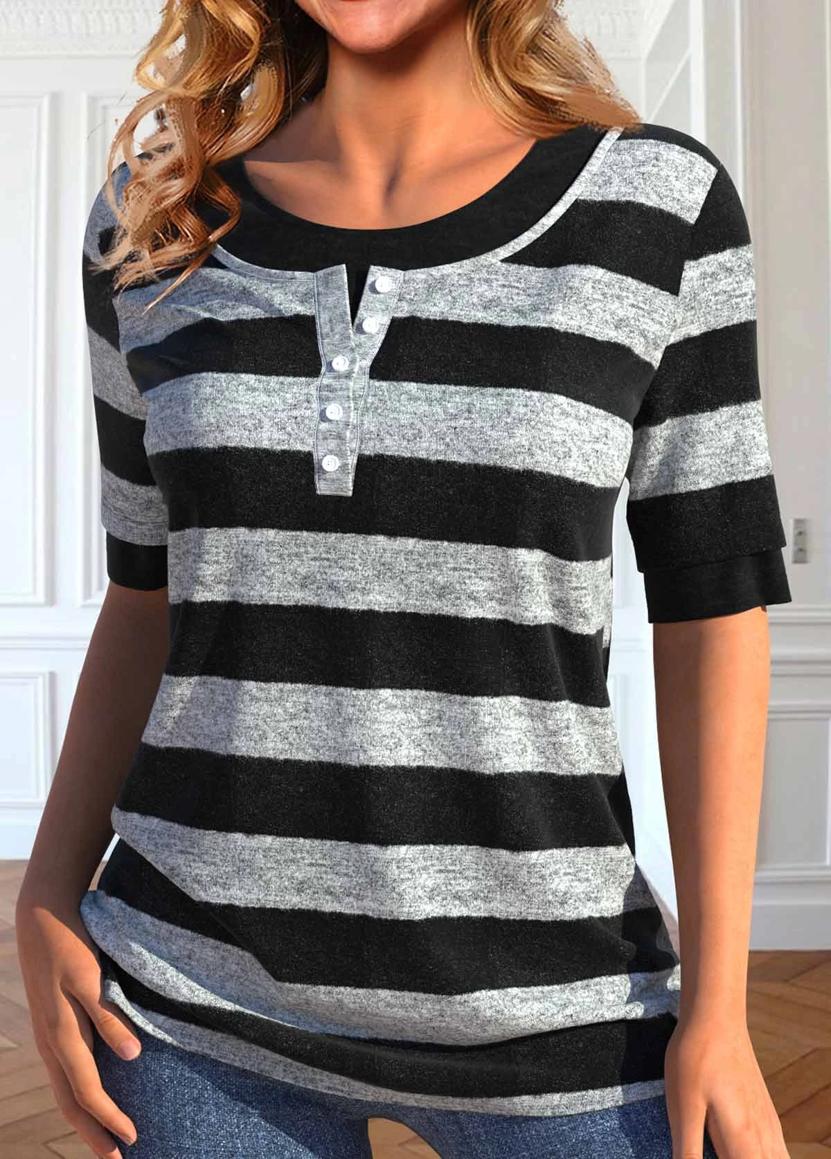 Striped Fake 2in1 Black Round Neck T Shirt 3 Striped Fake 2in1 Black Round Neck T Shirt - Image 3