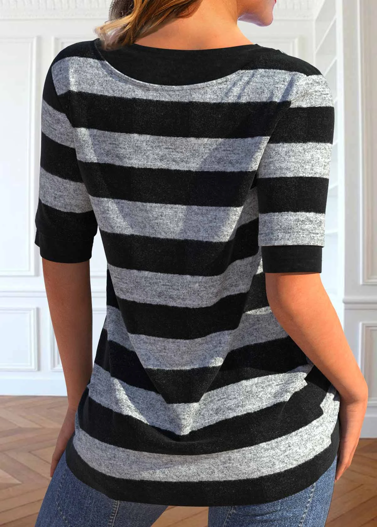 Striped Fake 2in1 Black Round Neck T Shirt 2 Striped Fake 2in1 Black Round Neck T Shirt - Image 2