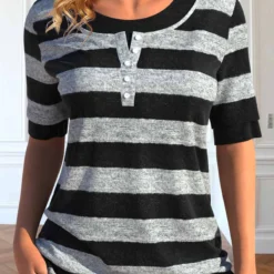 Striped Fake 2in1 Black Round Neck T Shirt