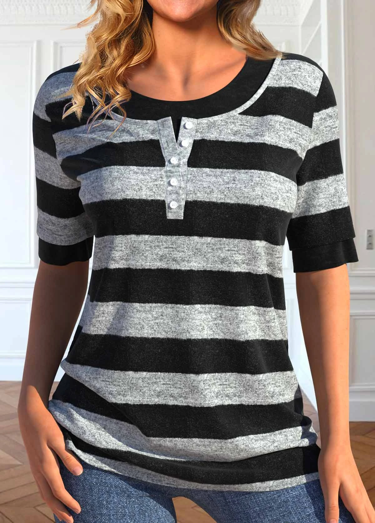 Striped Fake 2in1 Black Round Neck T Shirt 1 Striped Fake 2in1 Black Round Neck T Shirt