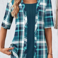 Plaid Fake 2in1 Peacock Blue T Shirt