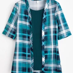 Plaid Fake 2in1 Peacock Blue T Shirt -Rosewe Online Store 338553 P 1694052128819