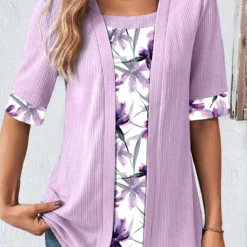 Plus Size Light Purple Fake 2in1 T Shirt