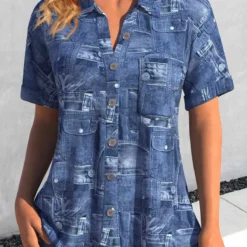 Denim Blue Pocket Shirt Collar Short Sleeve Blouse