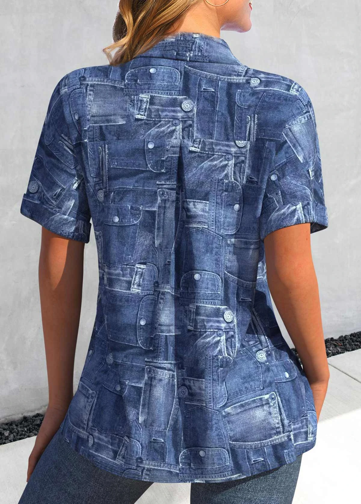 Denim Blue Pocket Shirt Collar Short Sleeve Blouse 2 Denim Blue Pocket Shirt Collar Short Sleeve Blouse - Image 2
