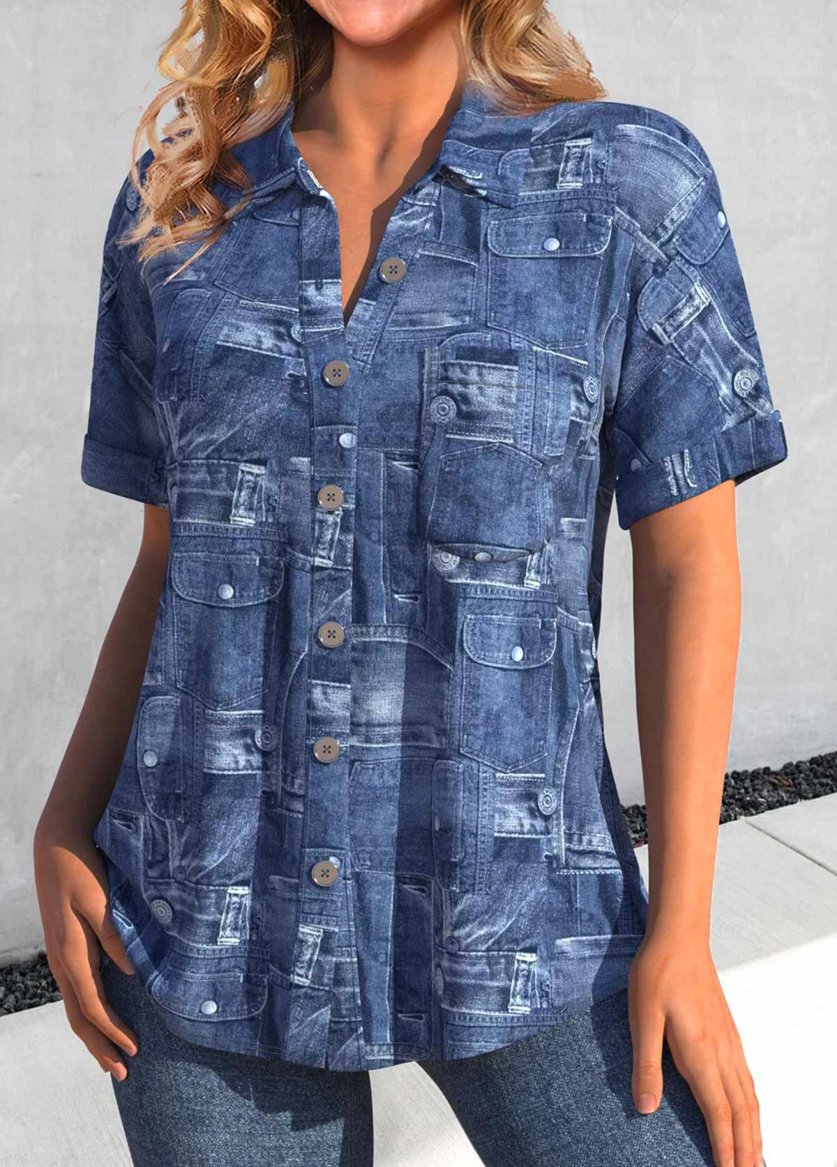 Denim Blue Pocket Shirt Collar Short Sleeve Blouse 3 Denim Blue Pocket Shirt Collar Short Sleeve Blouse - Image 3