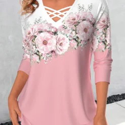 Floral Print Criss Cross Pink T Shirt -Rosewe Online Store 338634 P 1689668628738 1