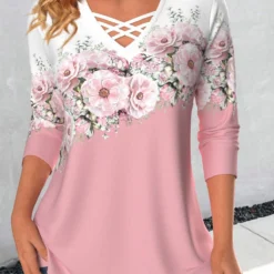 Floral Print Criss Cross Pink T Shirt