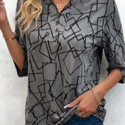 Geometric Print Button Dark Grey Split Neck Blouse