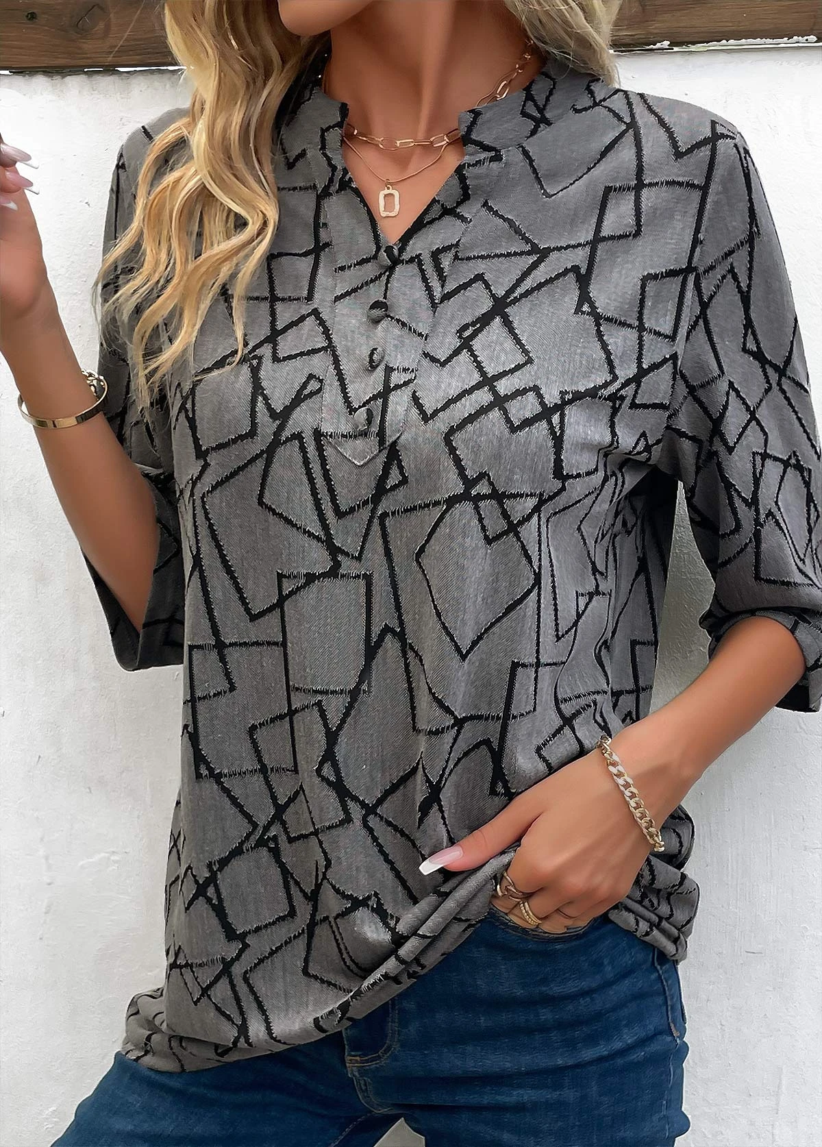 Geometric Print Button Dark Grey Split Neck Blouse 1 Geometric Print Button Dark Grey Split Neck Blouse