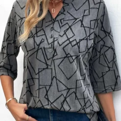 Geometric Print Button Dark Grey Split Neck Blouse 11 Geometric Print Button Dark Grey Split Neck Blouse -Rosewe Online Store 338666 P 16914115749585