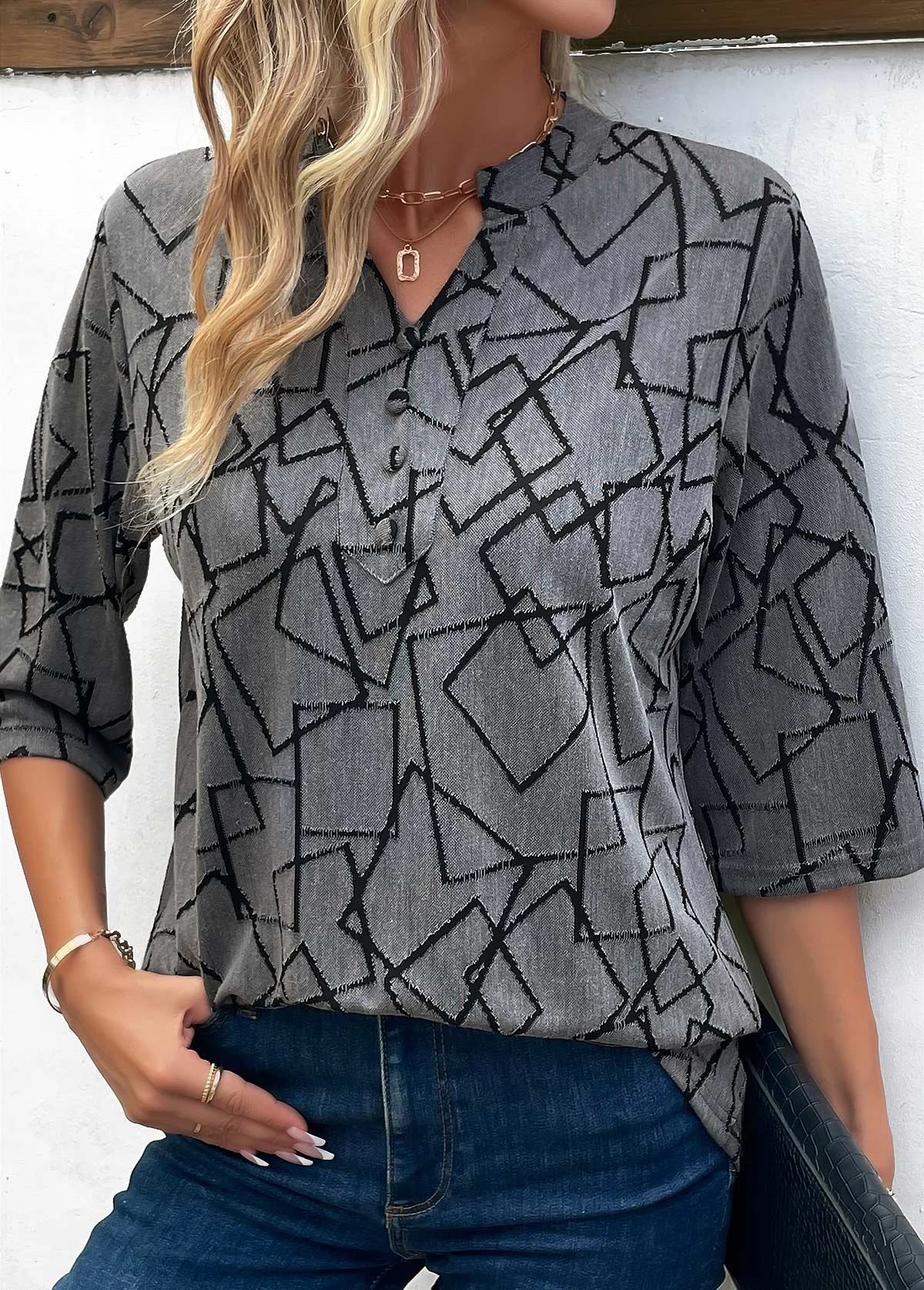 Geometric Print Button Dark Grey Split Neck Blouse 6 Geometric Print Button Dark Grey Split Neck Blouse - Image 6