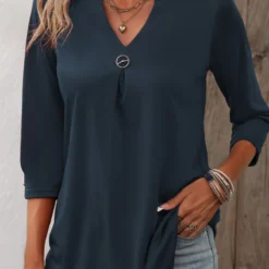 Circular Ring Split Neck Navy T Shirt -Rosewe Online Store 338741 P 16902782555022