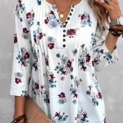 Plus Size White Tuck Stitch Floral Print Blouse
