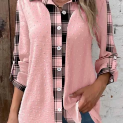 Striped Patchwork Pink Shirt Collar Long Sleeve Blouse