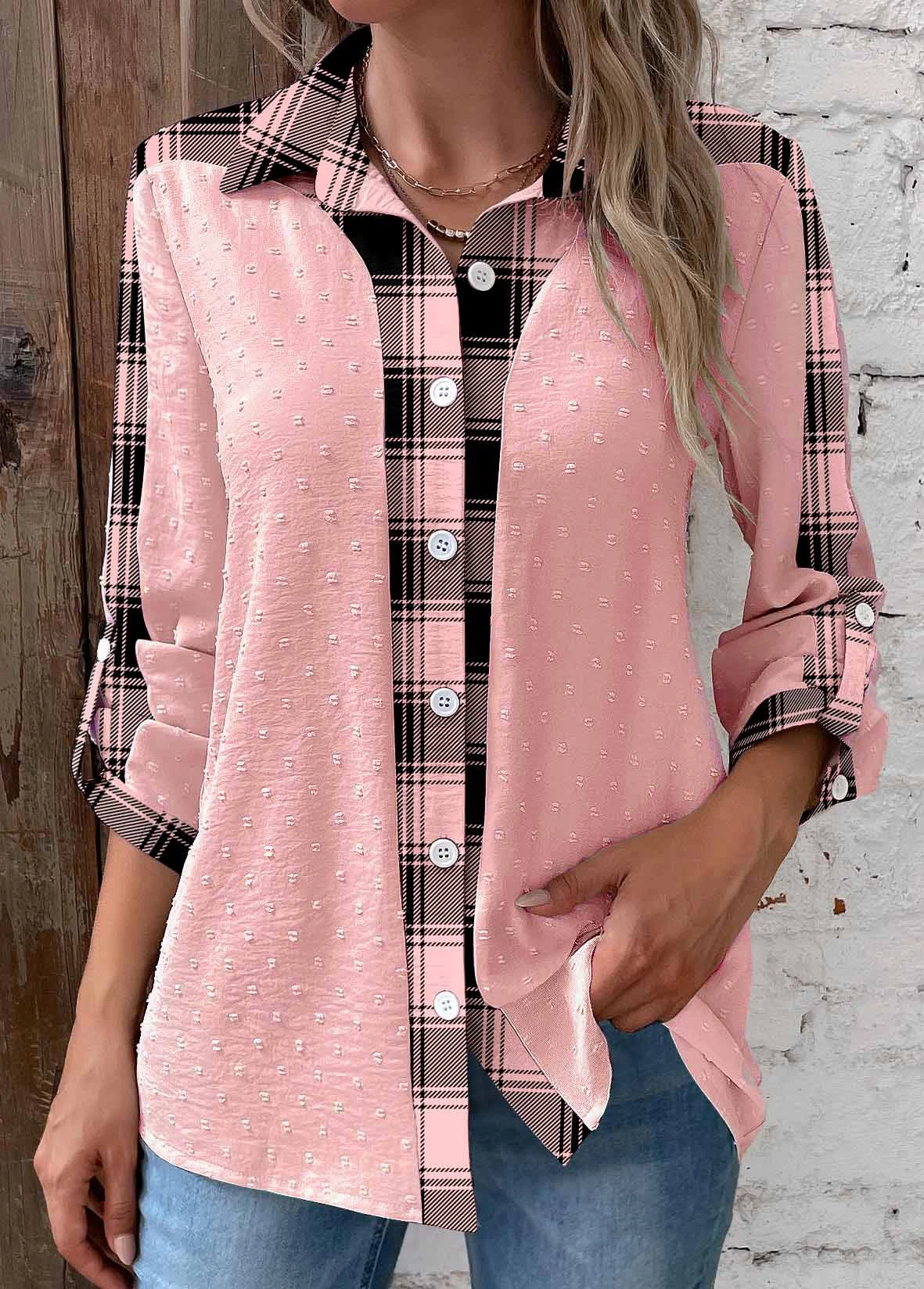 Striped Patchwork Pink Shirt Collar Long Sleeve Blouse 1 Striped Patchwork Pink Shirt Collar Long Sleeve Blouse