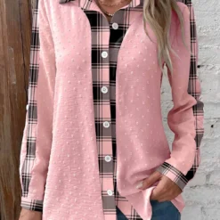Striped Patchwork Pink Shirt Collar Long Sleeve Blouse 5 Striped Patchwork Pink Shirt Collar Long Sleeve Blouse -Rosewe Online Store 339225 P 1691974559181