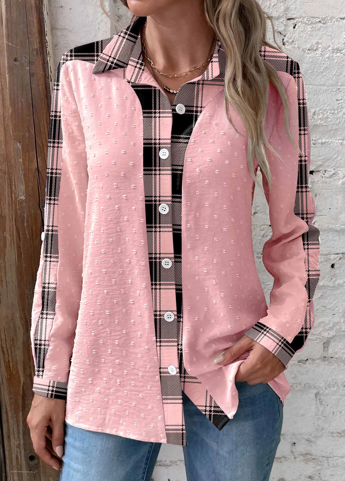 Striped Patchwork Pink Shirt Collar Long Sleeve Blouse 3 Striped Patchwork Pink Shirt Collar Long Sleeve Blouse - Image 3