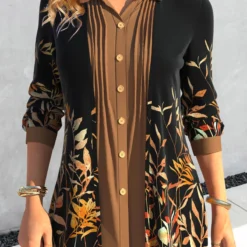 Leaf Print Fake 2in1 Black Shirt Collar Blouse