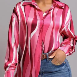 Wave Pattern Print Button Hot Pink Blouse