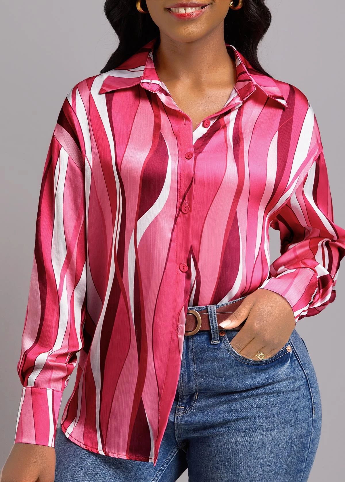 Wave Pattern Print Button Hot Pink Blouse 1 Wave Pattern Print Button Hot Pink Blouse
