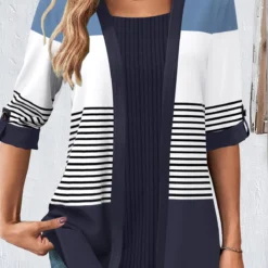 Striped Patchwork Navy Square Neck T Shirt