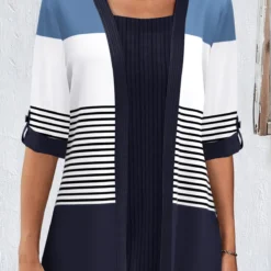 Striped Patchwork Navy Square Neck T Shirt -Rosewe Online Store 339510 P 1693460830494