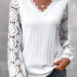 Lace V Neck Long Sleeve White Blouse