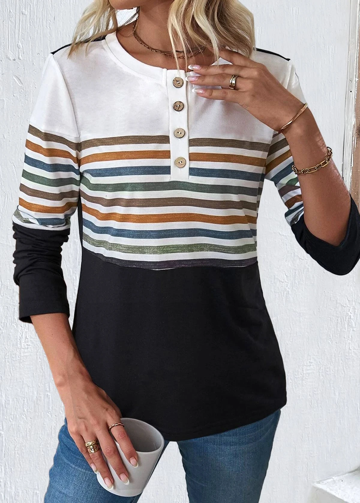 Striped Patchwork Multi Color Round Neck T Shirt 3 Striped Patchwork Multi Color Round Neck T Shirt - Image 3