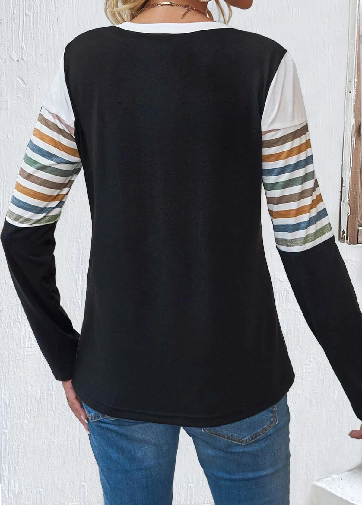 Striped Patchwork Multi Color Round Neck T Shirt 2 Striped Patchwork Multi Color Round Neck T Shirt - Image 2