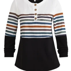 Striped Patchwork Multi Color Round Neck T Shirt 8 Striped Patchwork Multi Color Round Neck T Shirt -Rosewe Online Store 339848 P 1694740706993