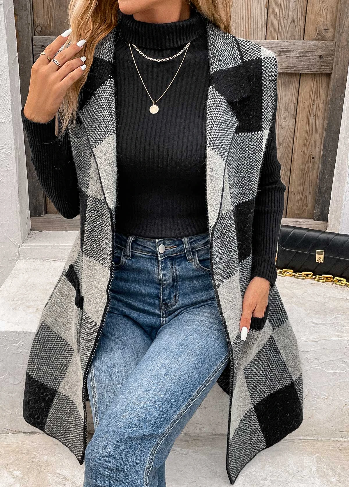 Plaid Pocket Black Friday Lapel Sleeveless Waistcoat 5 Plaid Pocket Black Friday Lapel Sleeveless Waistcoat - Image 5