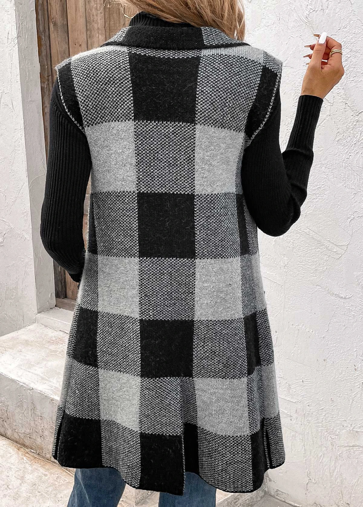 Plaid Pocket Black Friday Lapel Sleeveless Waistcoat 2 Plaid Pocket Black Friday Lapel Sleeveless Waistcoat - Image 2