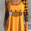 Halloween Print Patchwork Orange Round Neck T Shirt