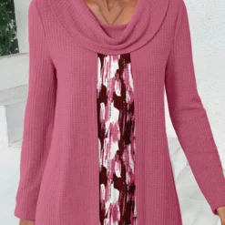 Draped Neck Patchwork Hot Pink T Shirt -Rosewe Online Store 340383 P 1693897846875