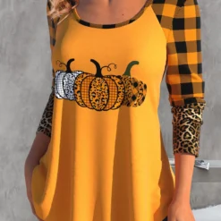Halloween Print Patchwork Orange Round Neck T Shirt -Rosewe Online Store 340828 P 1694067646748 1
