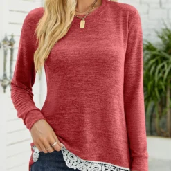 Brick Red Round Neck Lace T Shirt -Rosewe Online Store 340841 P 1692860580327