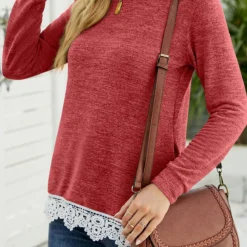 Brick Red Round Neck Lace T Shirt -Rosewe Online Store 340841 P 1692860581109